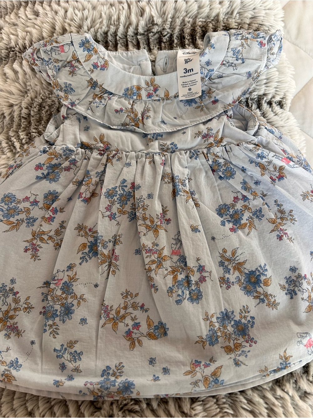 Disney White Floral Ruffle Yoke Dress with Blue & Yellow Flowers